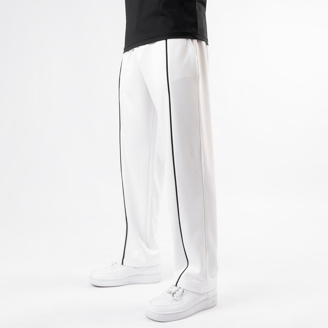 White Wide Leg Trouser with Front Black Piping