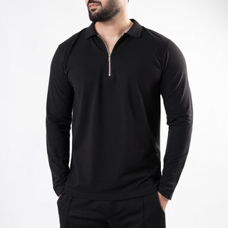 Black Full Sleeves Polo with Metal Zipper