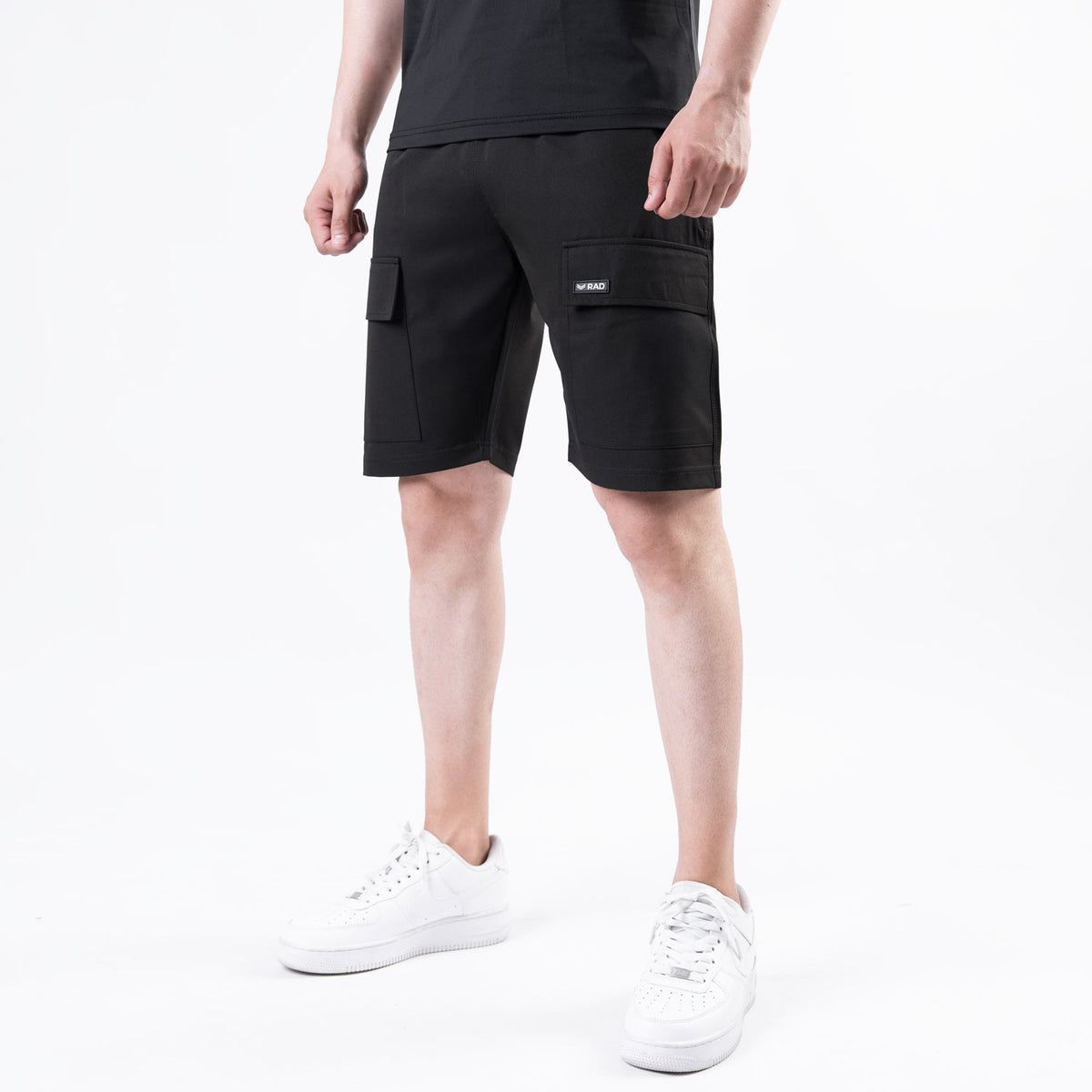 Black Baggy Fit Lycra Terry Cargo Shorts — view 4