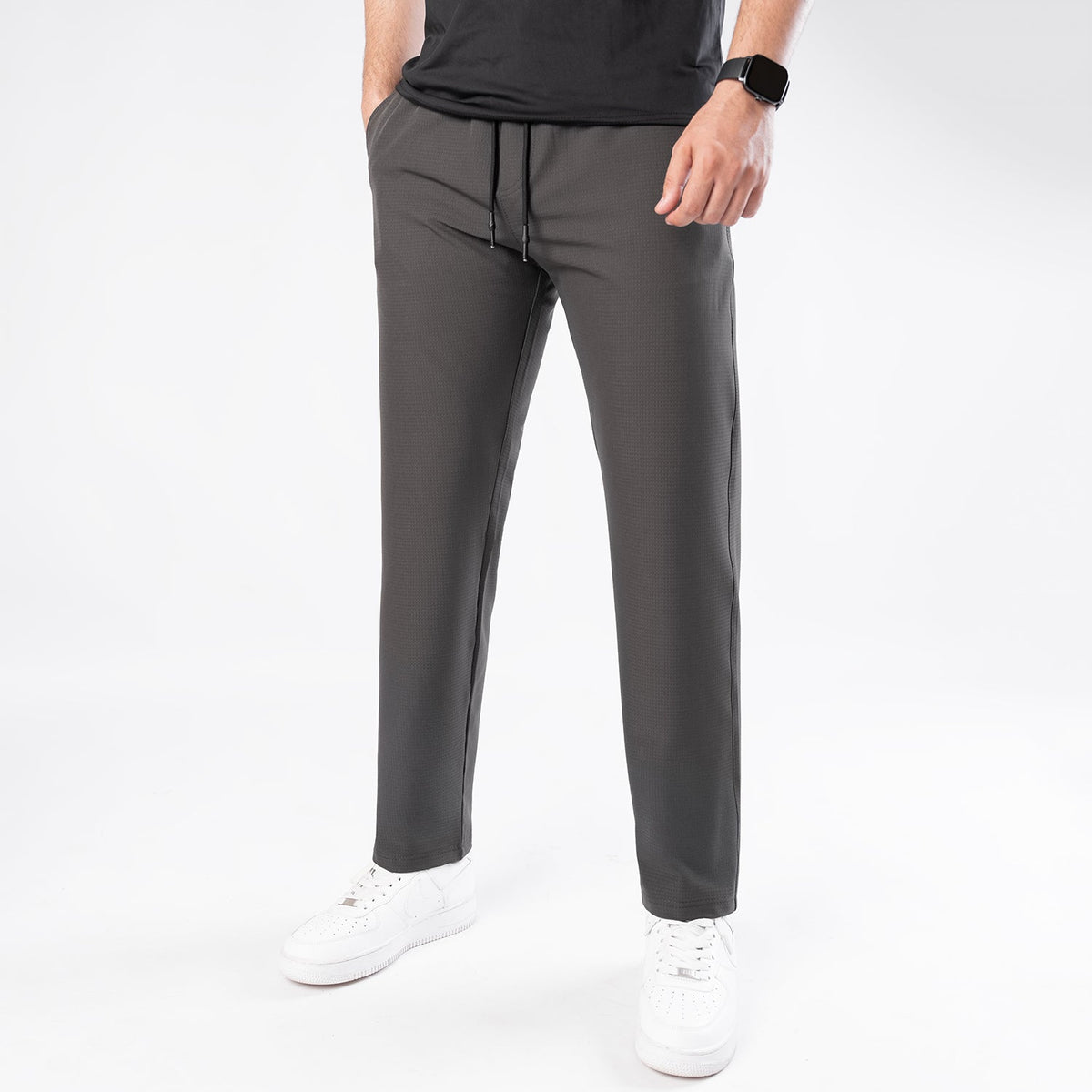Charcoal Woven Lycra Self Textured Straight Trousers