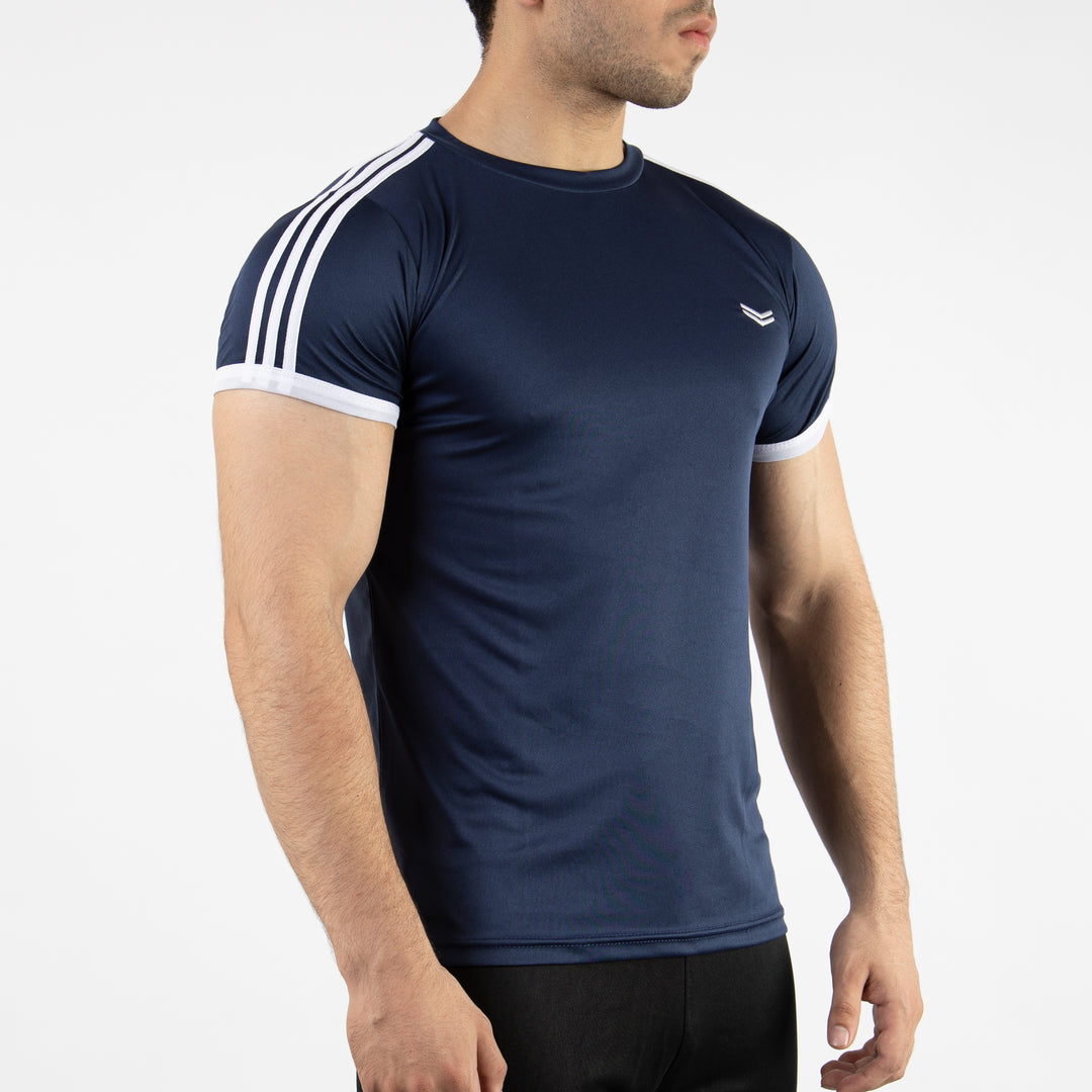 Navy Quick Dry Ringer T-Shirt with Three Shoulder Stripes