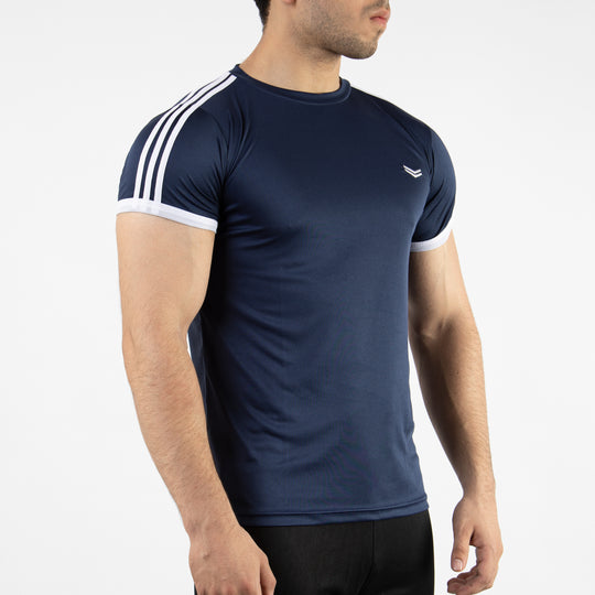 Navy Quick Dry Ringer T-Shirt with Three Shoulder Stripes