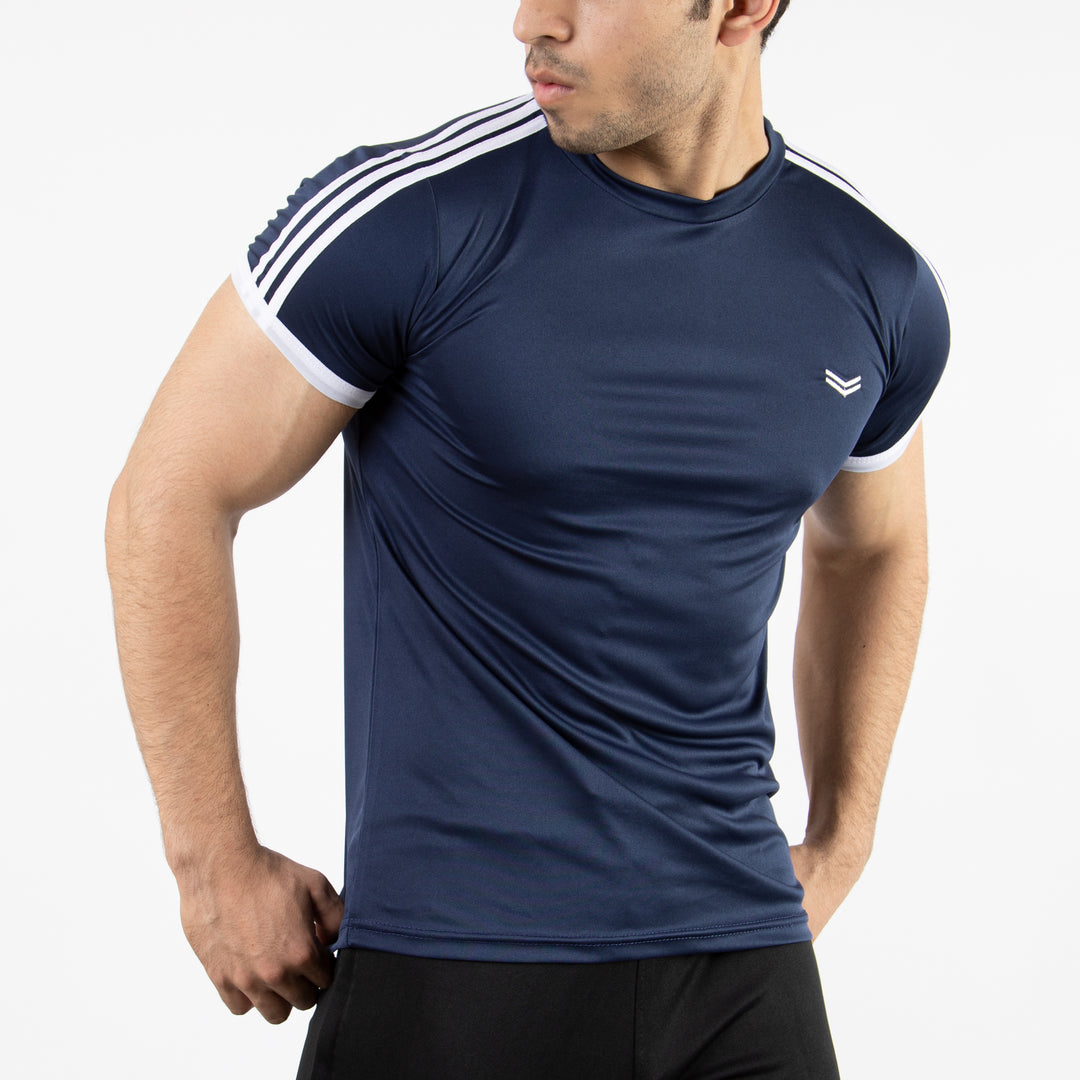 Navy Quick Dry Ringer T-Shirt with Three Shoulder Stripes