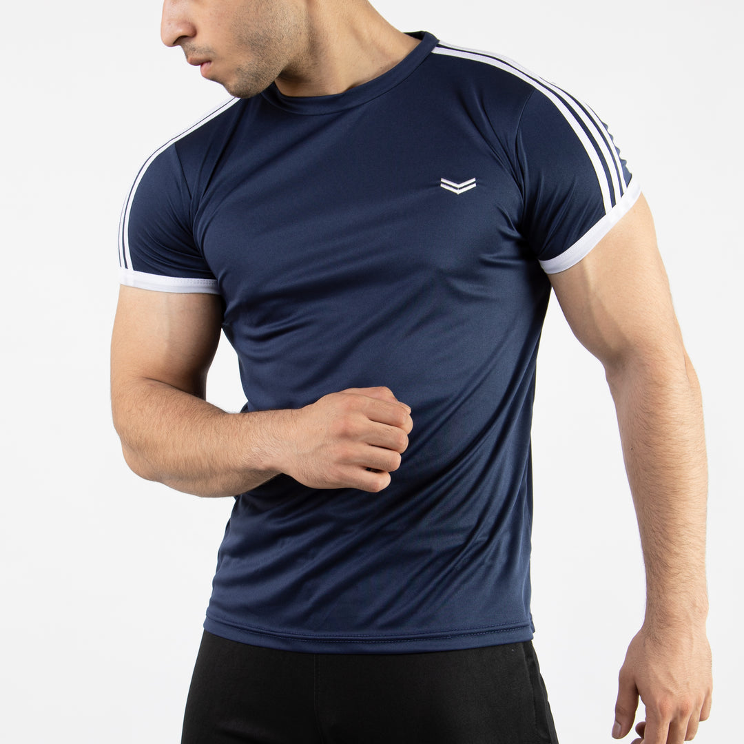 Navy Quick Dry Ringer T-Shirt with Three Shoulder Stripes