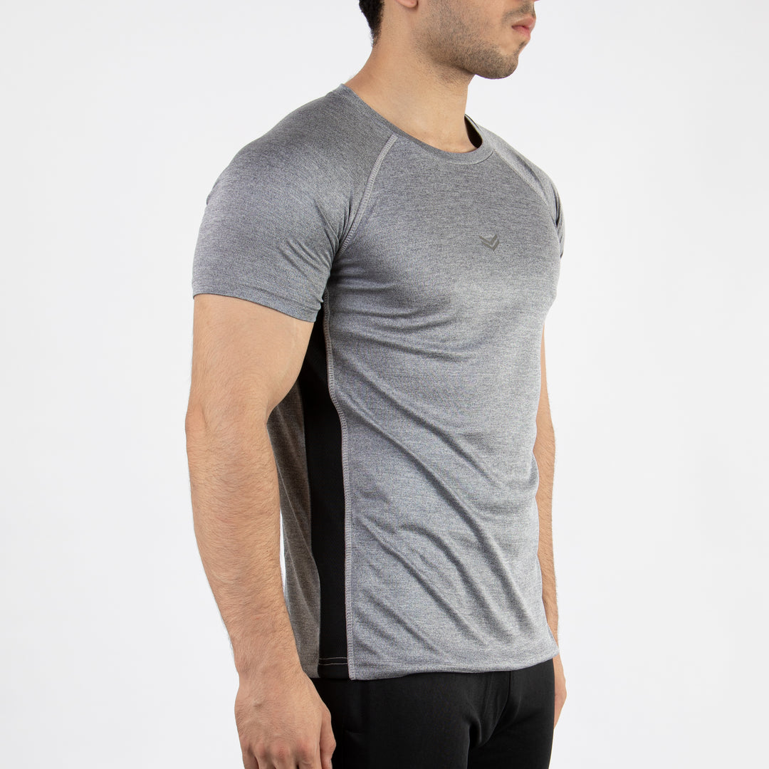 Textured Silver-Gray Quick Dry T-Shirt with Thread Detailing &amp; Black Panel