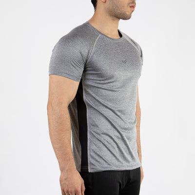 Textured Silver-Gray Quick Dry Tee with Thread Detailing & Black Panel