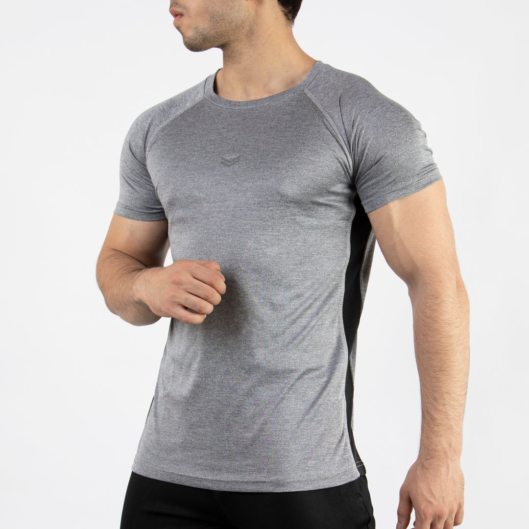 Textured Silver-Gray Quick Dry T-Shirt with Thread Detailing &amp; Black Panel