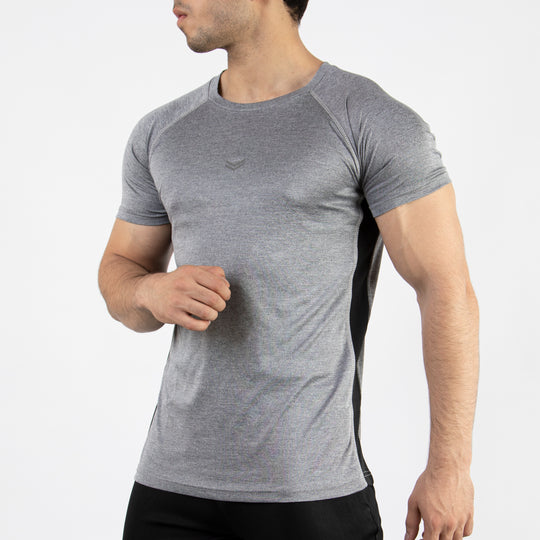 Textured Silver-Gray Quick Dry T-Shirt with Thread Detailing &amp; Black Panel