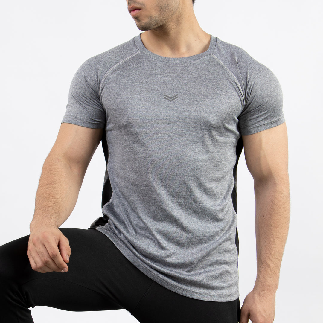Textured Silver-Gray Quick Dry T-Shirt with Thread Detailing &amp; Black Panel