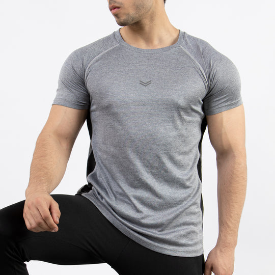 Textured Silver-Gray Quick Dry T-Shirt with Thread Detailing &amp; Black Panel