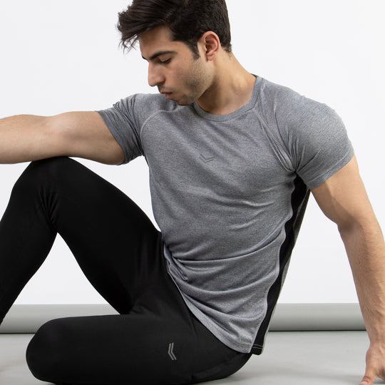 Textured Silver-Gray Quick Dry T-Shirt with Thread Detailing &amp; Black Panel