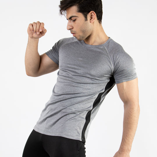 Textured Silver-Gray Quick Dry T-Shirt with Thread Detailing &amp; Black Panel