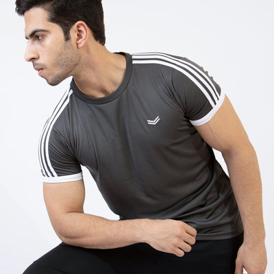 Gray Quick Dry Ringer T-Shirt with Three Shoulder Stripes