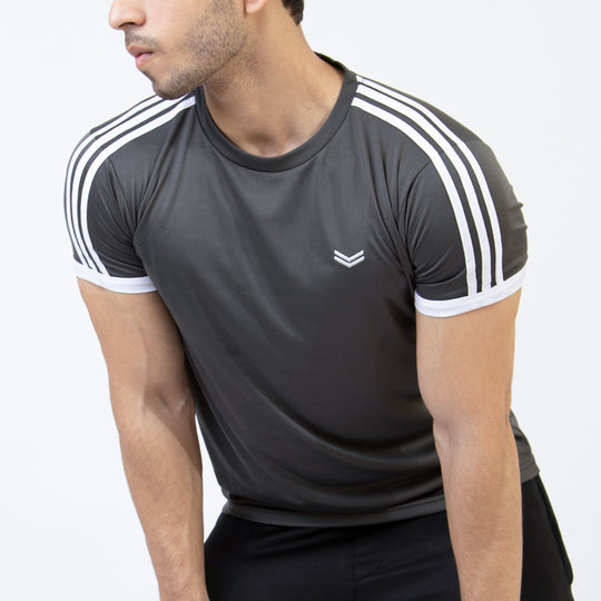Gray Quick Dry Ringer T-Shirt with Three Shoulder Stripes