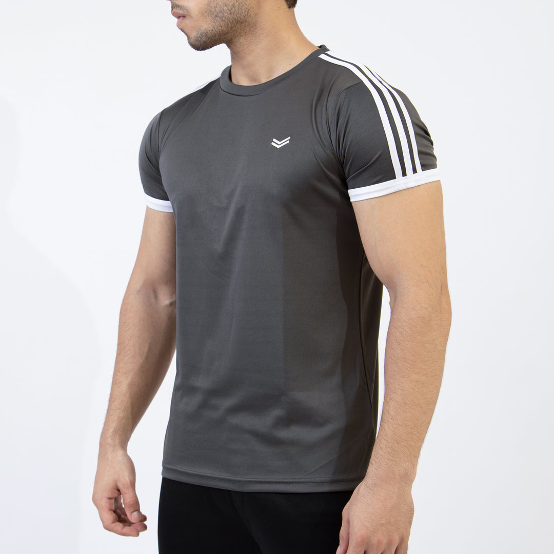 Gray Quick Dry Ringer T-Shirt with Three Shoulder Stripes