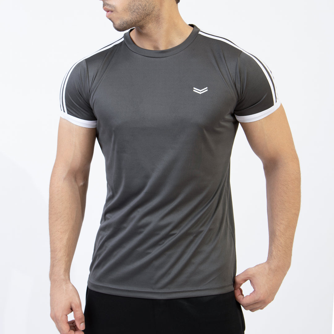 Gray Quick Dry Ringer T-Shirt with Three Shoulder Stripes