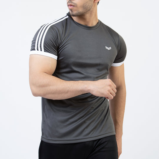 Gray Quick Dry Ringer T-Shirt with Three Shoulder Stripes