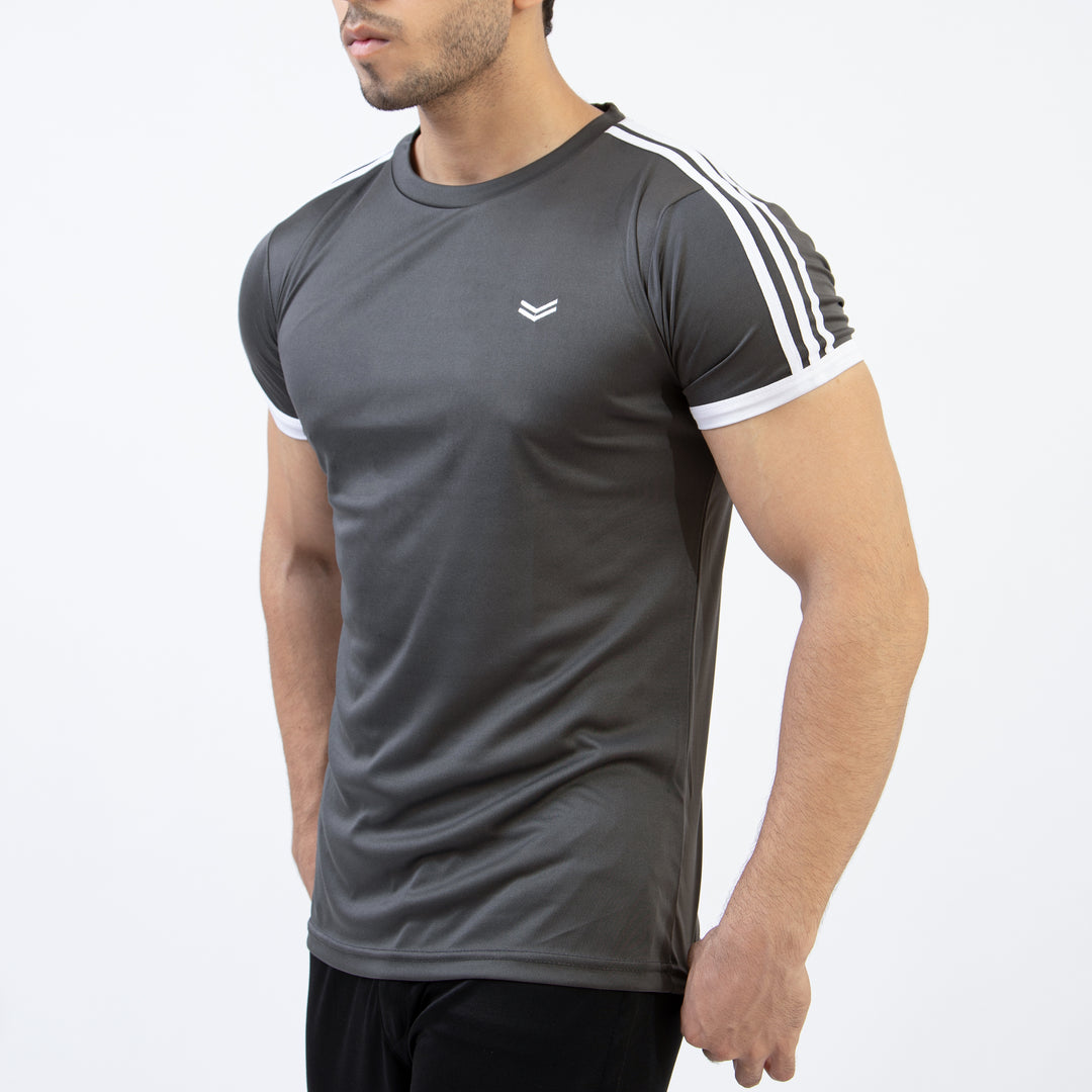 Gray Quick Dry Ringer T-Shirt with Three Shoulder Stripes