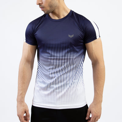 Premium Navy & White Gradient Quick Dry T-Shirt with Vertical Lines