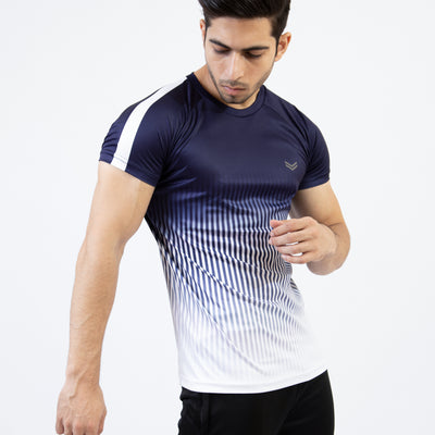 Premium Navy & White Gradient Quick Dry T-Shirt with Vertical Lines
