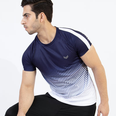 Premium Navy & White Gradient Quick Dry T-Shirt with Vertical Lines