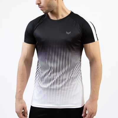 Premium Black & White Gradient Quick Dry T-Shirt with Vertical Lines