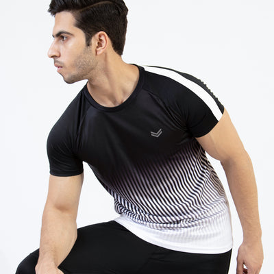 Premium Black & White Gradient Quick Dry T-Shirt with Vertical Lines