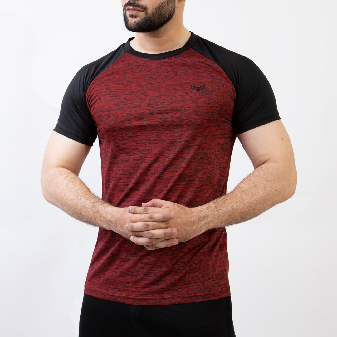 Maroon Melange Quick Dry Tee with Black Raglan Sleeves
