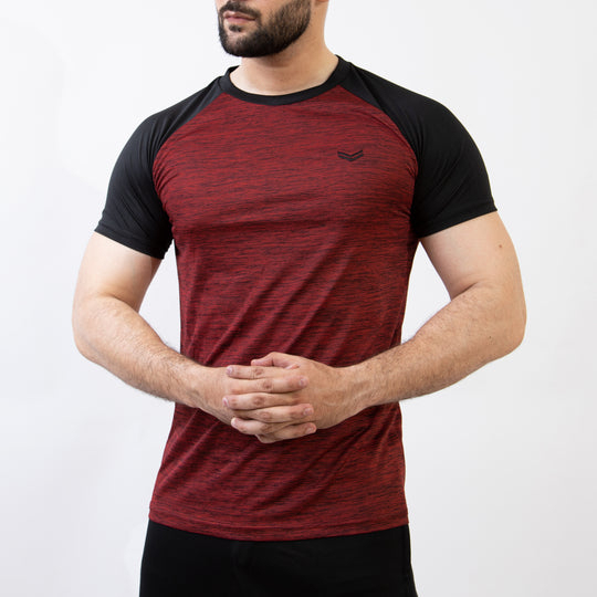 Maroon Melange Quick Dry Tee with Black Raglan Sleeves