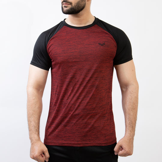 Maroon Melange Quick Dry Tee with Black Raglan Sleeves