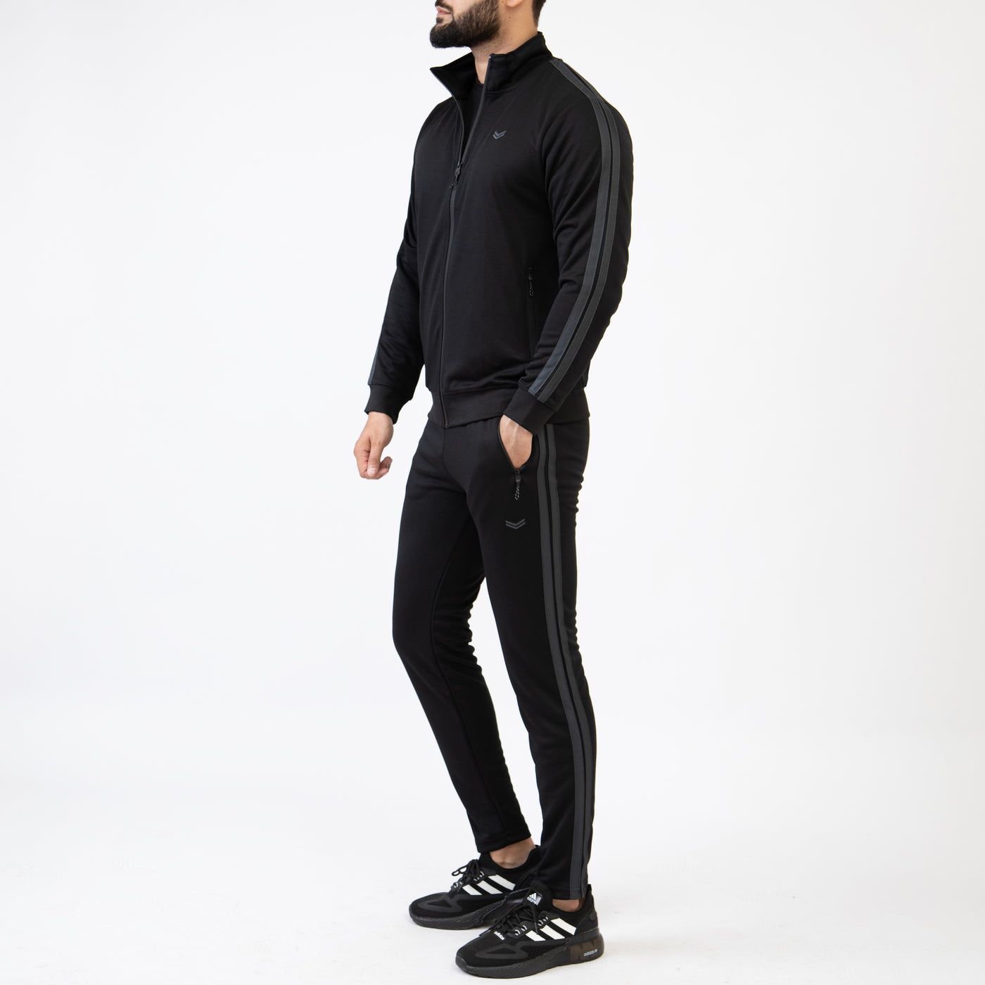 Black Mock-Neck Zipper Tracksuit with Two Gray Stripes