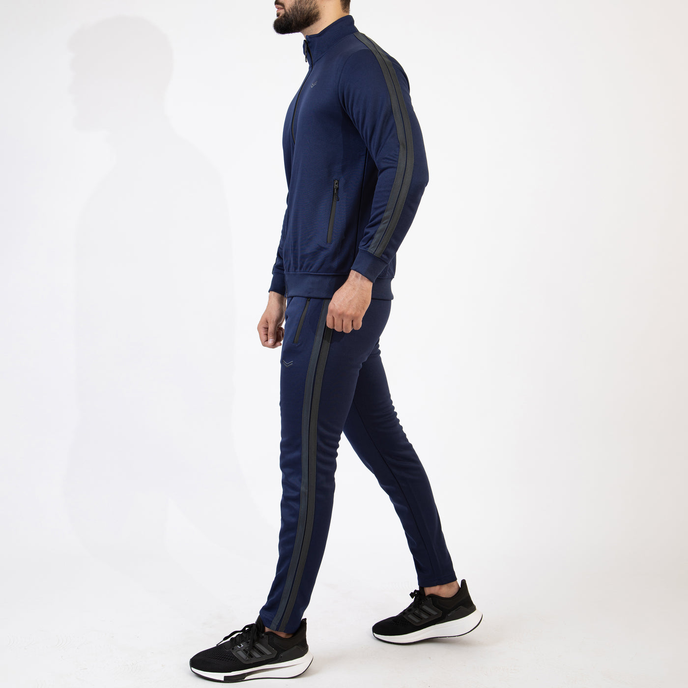 Navy Mock-Neck Zipper Tracksuit with Two Gray Stripes