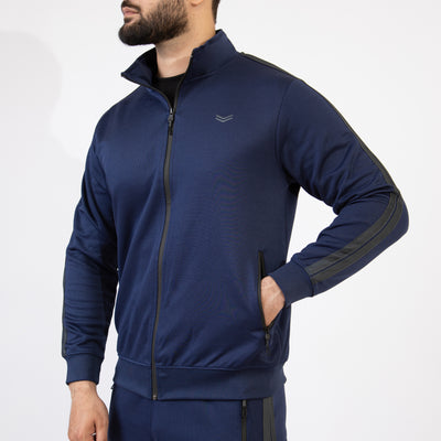 Navy Quick Dry Mock Neck Zipper Jacket with Two Gray Stripes