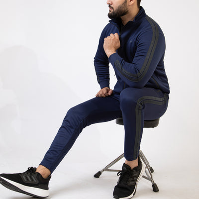 Navy Mock-Neck Zipper Tracksuit with Two Gray Stripes