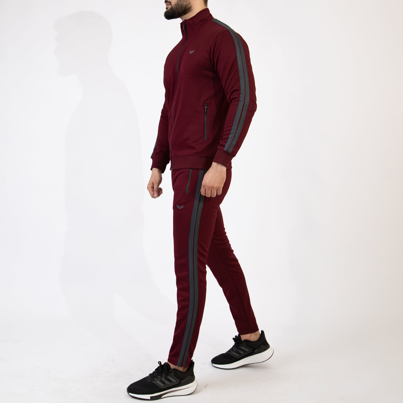 Maroon Mock-Neck Zipper Tracksuit with Two Gray Stripes