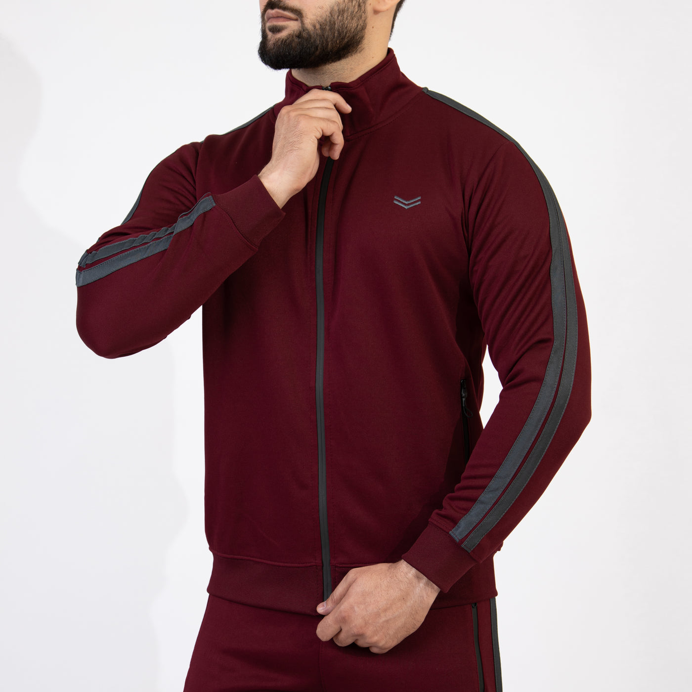 Maroon Quick Dry Mock Neck Zipper Jacket with Two Gray Stripes