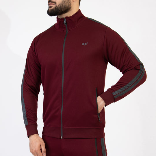 Maroon Quick Dry Mock Neck Zipper Jacket with Two Gray Stripes