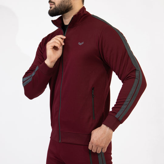 Maroon Quick Dry Mock Neck Zipper Jacket with Two Gray Stripes