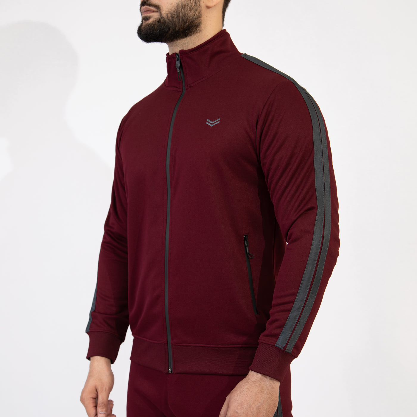 Maroon Quick Dry Mock Neck Zipper Jacket with Two Gray Stripes