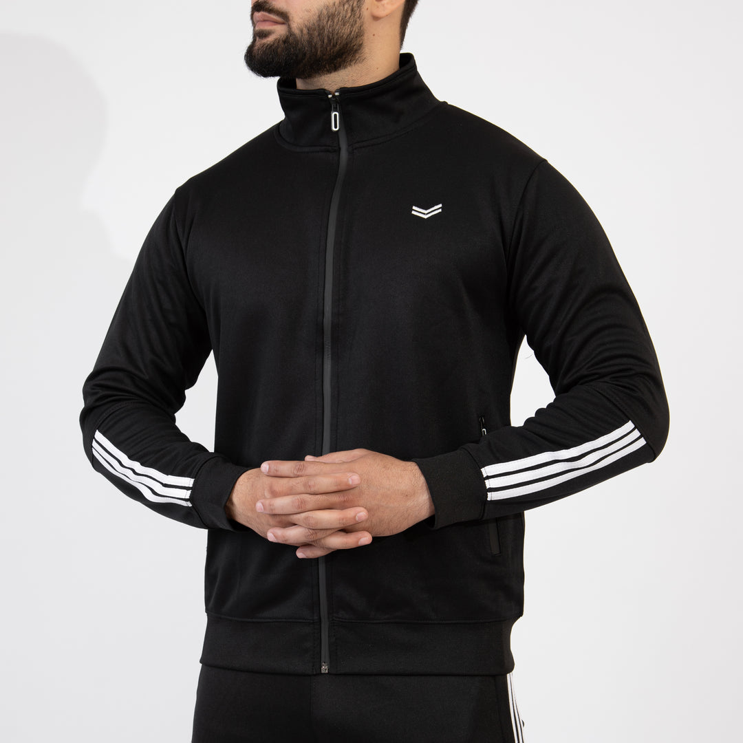 Black Quick Dry Mock-Neck Jacket with Short Three White Stripes