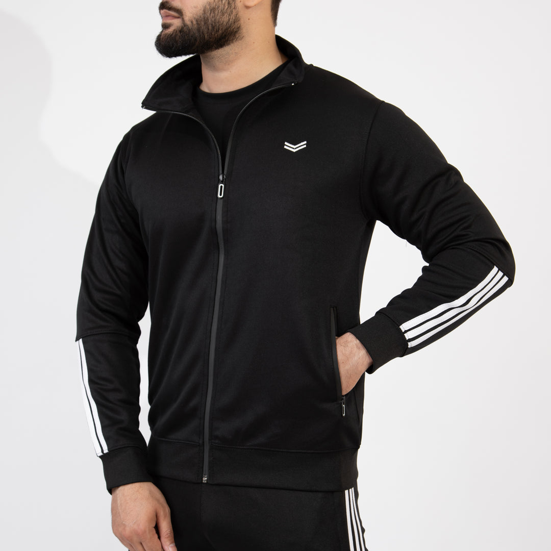 Black Quick Dry Mock-Neck Jacket with Short Three White Stripes