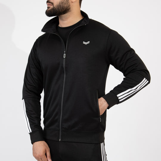 Black Quick Dry Mock-Neck Jacket with Short Three White Stripes