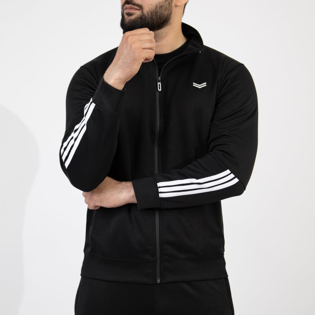 Black Quick Dry Mock-Neck Jacket with Short Three White Stripes