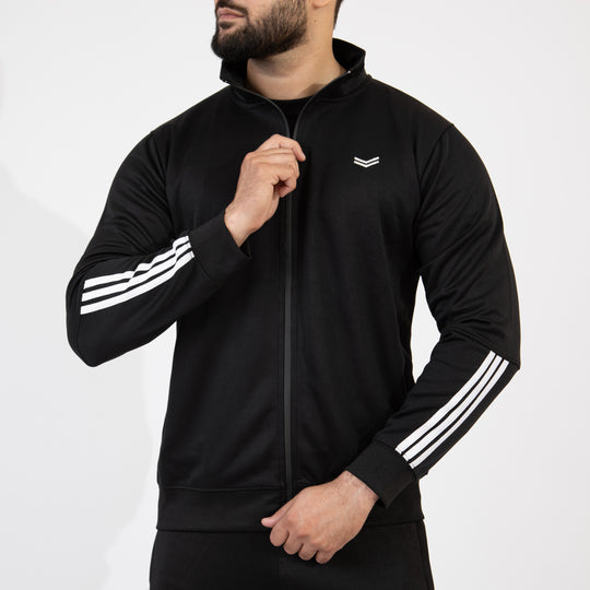 Black Quick Dry Mock-Neck Jacket with Short Three White Stripes