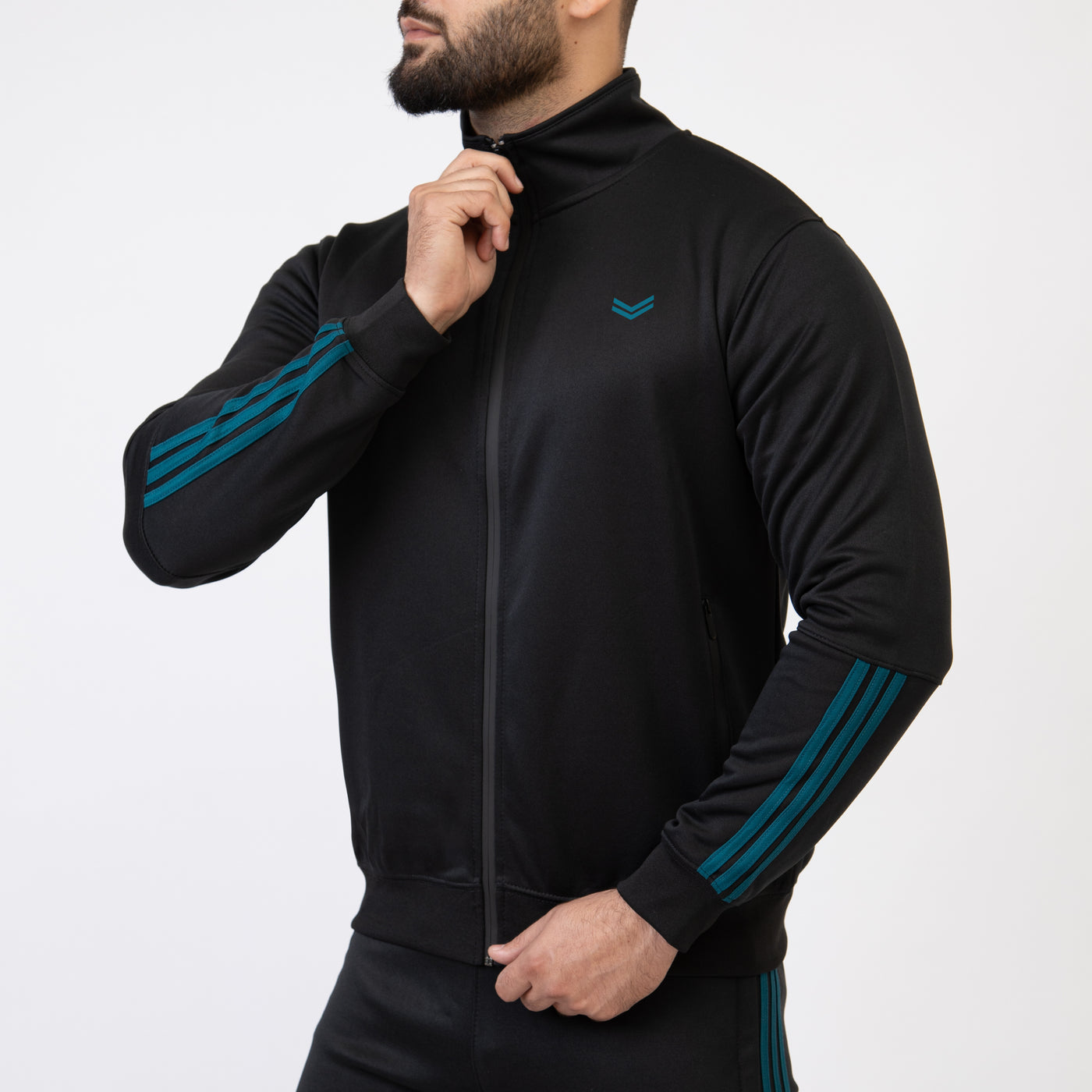 Black Quick Dry Mock-Neck Jacket with Short Three Teal Stripes