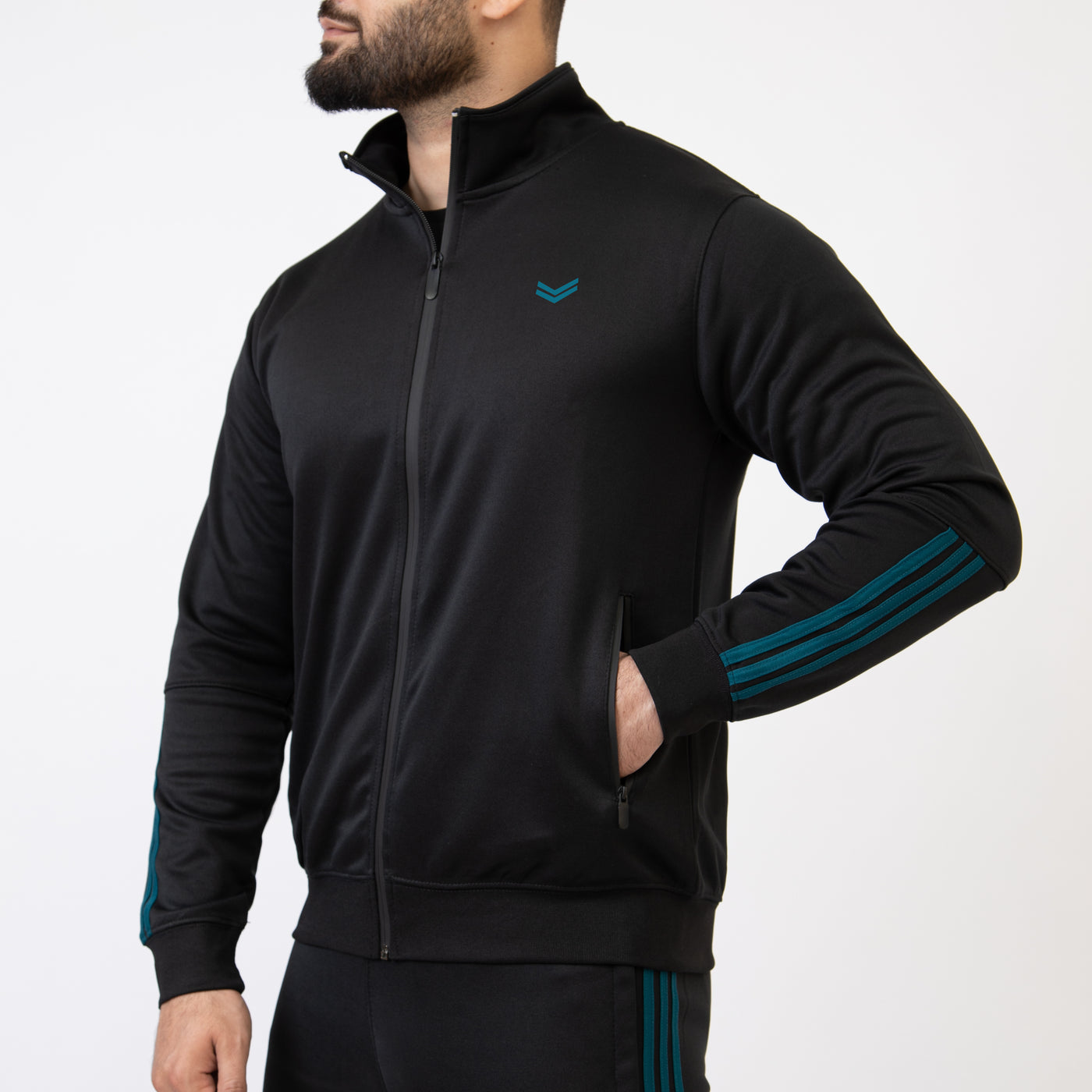 Black Quick Dry Mock-Neck Jacket with Short Three Teal Stripes