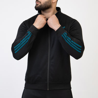 Black Quick Dry Mock-Neck Jacket with Short Three Teal Stripes