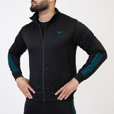 Black Quick Dry Mock-Neck Jacket with Short Three Teal Stripes