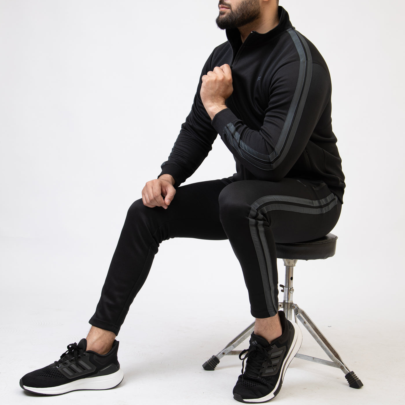 Black Mock-Neck Zipper Tracksuit with Two Gray Stripes