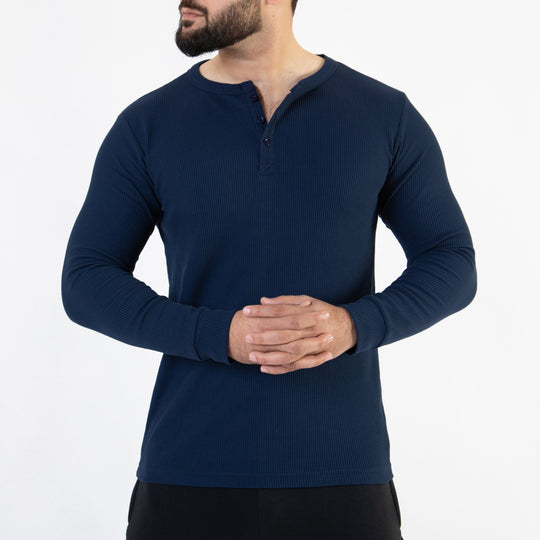 Navy Thermal Waffle-Knit Henley